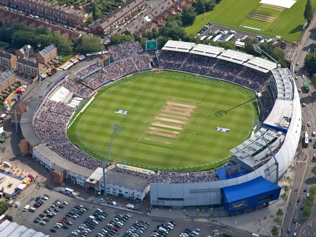 An aerial view of Edgbaston cricket ground, jam packed with crowd during a test match.